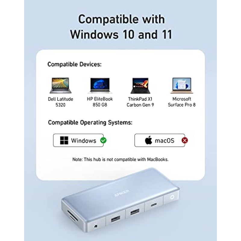 Anker 575 USB-C 허브(12-in-1, 듀얼 HDMI, DP), 트리플 디스플레이 도킹 스테이션, 10Gbps USB-C 및 USB-A 데이터 포트, 4K HDMI 및 디스플레이포트, 최대 100W Pd-in, 이더넷, Dell, Thinkpad 노트북 등