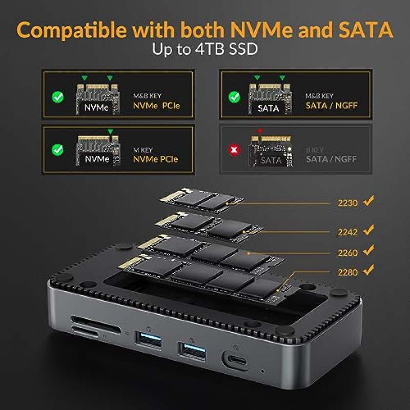 M.2 Nvme SSD 인클로저 어댑터가 포함된 IDsonix USB C 허브, 10 in 1 USB C 도킹 스테이션 HDMI 4K, 1000M 이더넷, PD 100W, MacBook Air/Pro 노트북용 USB C 허브 멀티 포트 어댑터가 포함된 10Gbps 속도