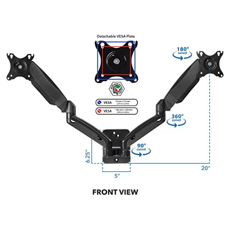 마운트잇! 듀얼 모니터 벽걸이 암 | 더블 모니터 벽걸이 | 두 개의 풀 모션 조정 가능한 관절형 가스 스프링 암 | 75 또는 100개의 VESA 패턴을 갖춘 19 20 21 22 24 27인치 컴퓨터 화면에 적합