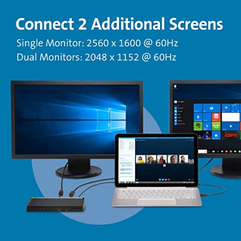 Windows, Mac OS, Surface Pro 및 Surface 노트북(K33997WW)용 Kensington USB 3.0 듀얼 디스플레이 도킹 스테이션, 블랙