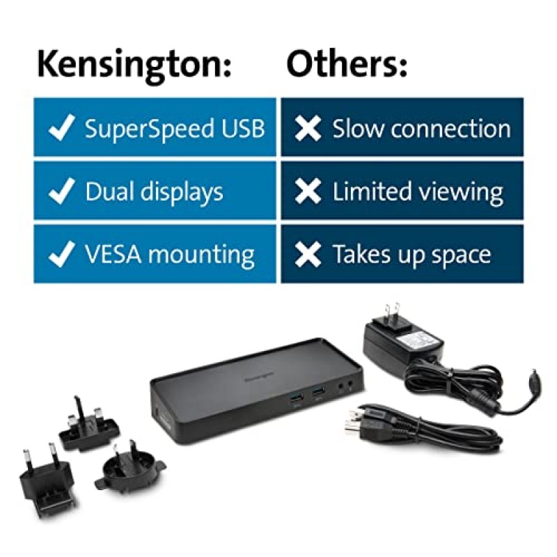 Windows, Mac OS, Surface Pro 및 Surface 노트북(K33997WW)용 Kensington USB 3.0 듀얼 디스플레이 도킹 스테이션, 블랙