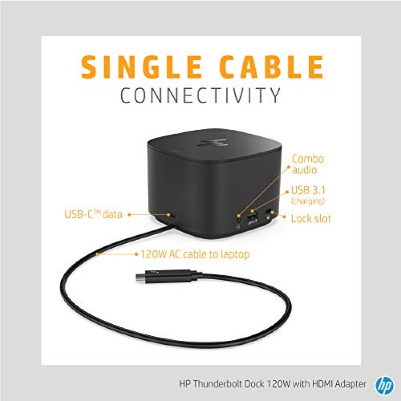 HP Thunderbolt Dock 120W(HDMI 어댑터 포함), 범용 USB-C 도킹 스테이션, 케이블 1개, 다중 연결, 모든 브랜드 노트북에 단일 USB-C™ 포함(6HP48AA#ABL)