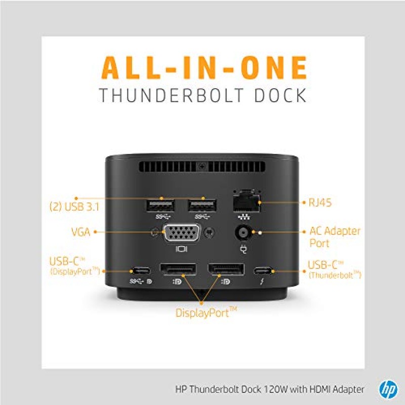 HP Thunderbolt Dock 120W(HDMI 어댑터 포함), 범용 USB-C 도킹 스테이션, 케이블 1개, 다중 연결, 모든 브랜드 노트북에 단일 USB-C™ 포함(6HP48AA#ABL)
