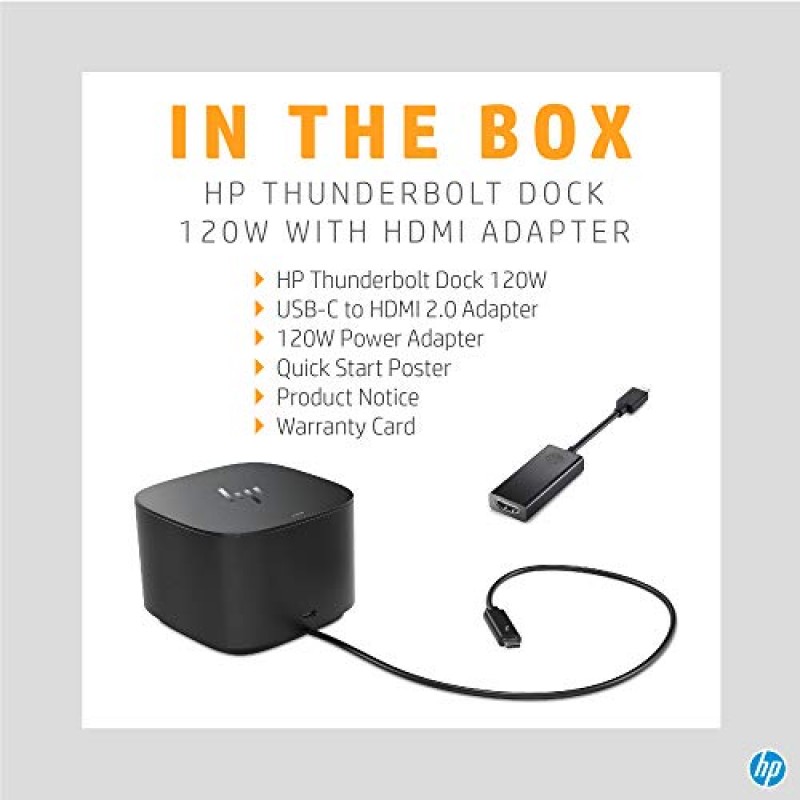 HP Thunderbolt Dock 120W(HDMI 어댑터 포함), 범용 USB-C 도킹 스테이션, 케이블 1개, 다중 연결, 모든 브랜드 노트북에 단일 USB-C™ 포함(6HP48AA#ABL)