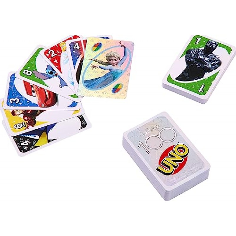 Mattel Games UNO Disney 100 어린이, 성인, 가족의 밤을 위한 보관 및 여행용 카드 게임, 수집용 게임(아마존 독점)