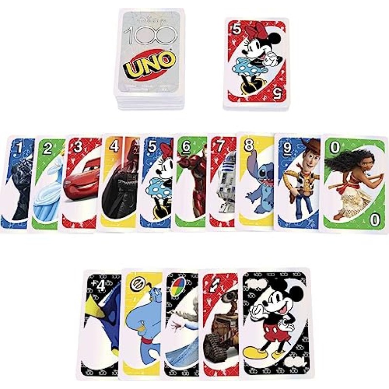 Mattel Games UNO Disney 100 어린이, 성인, 가족의 밤을 위한 보관 및 여행용 카드 게임, 수집용 게임(아마존 독점)