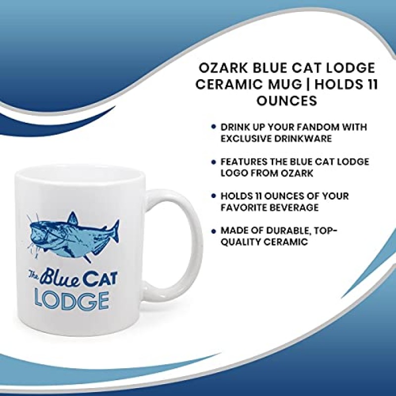 독점 Ozark Blue Cat Lodge 로고 화이트 세라믹 커피 머그 | 공식 TV 쇼 소장품 | 가정용 주방 세트용 참신 음료 용기 | 11 온스 보유