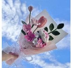 JOMODECOR 수제 크로 셰 뜨개질 장미 튤립 물망초 프랜지파니 꽃다발, 절묘한 포장이 있는 니트 인공 영원히 꽃, 여자 친구 엄마 여성에게 선물, 발렌타인 데이, 가정 장식, 축하에 적합