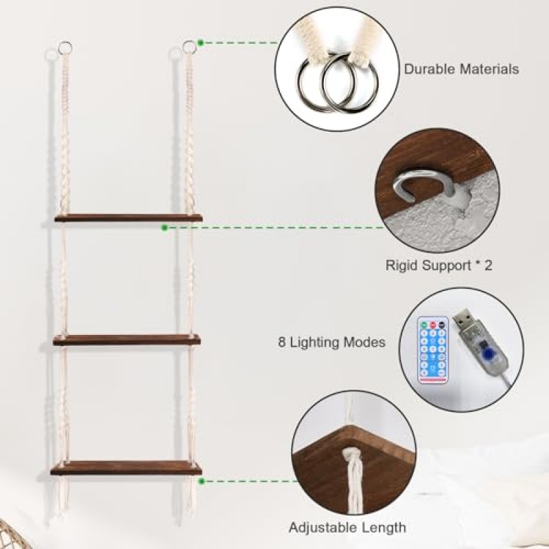 JERESER 덩굴 조명이 달린 걸이 선반(USB 전원 사용), 마크라메 선반, 수제 밧줄이 달린 벽 선반, 3단 플로팅 선반, 다육식물을 위한 보호 방 장식 미적, 침실, 거실, 욕실