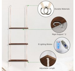 JERESER 덩굴 조명이 달린 걸이 선반(USB 전원 사용), 마크라메 선반, 수제 밧줄이 달린 벽 선반, 3단 플로팅 선반, 다육식물을 위한 보호 방 장식 미적, 침실, 거실, 욕실