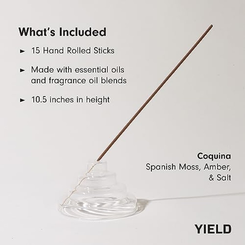 Yield Coquina 향 스틱 - 신선하고 밝은, 수제, 진정 향 스틱 팩 - 무독성 - 에센셜 오일로 제작 - 연소 시간 1시간 - 향 스틱 15개