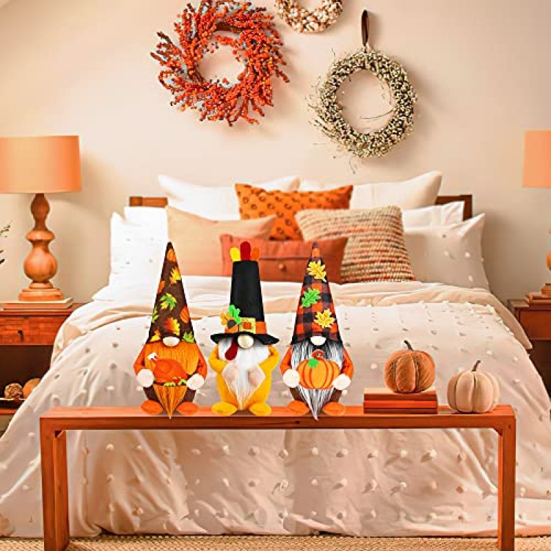 Mosoan 가을 추수감사절 격언 봉제 장식 - 가을 추수감사절 장식 선물을 위한 수제 스웨덴어 Tomte Gnomes 엘프 3개 - 가정, 테이블, 벽난로, 파티를 위한 가을 추수감사절 장식