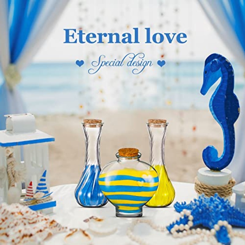결혼식을 위한 3개 유니티 모래 행사 키트 코르크 뚜껑이 있는 수제 장식 꽃병 세트 결혼식 아이디어를 위한 1파운드 컬러 모래 결혼식 장식 유리 항아리 컨테이너(진한 파란색, 밝은 노란색)