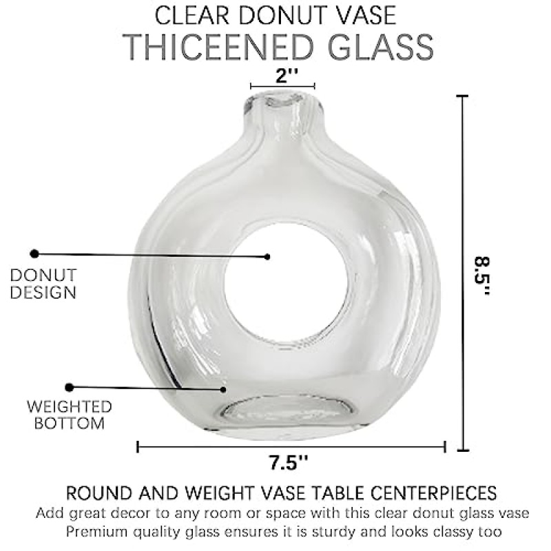 Hewego 꽃용 투명 유리 꽃병, 현대적인 미니멀리스트 스타일 유리 도넛 꽃병, 무거운 원형 투명 꽃병, 거실용 수제 중공 원형 꽃병, 테이블 중앙 장식, 사무실, 가정 장식(투명)