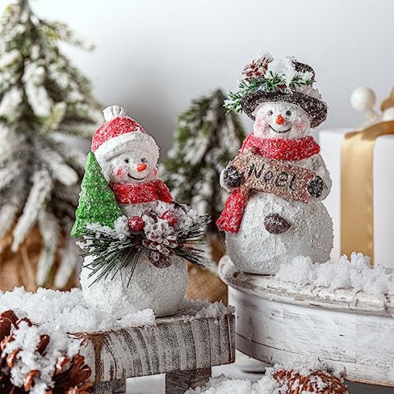 FairySandy 2 Pcs 눈사람 인형 크리스마스 장식 겨울 실내 홈 장식 크리스마스 눈사람 인형 테이블 장식 귀여운 크리스마스 눈사람 선물 수제 수지 겨울 실내 장식