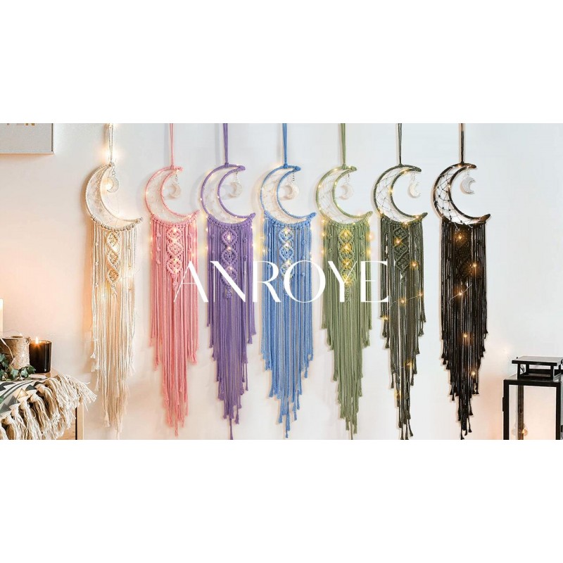 Boho Macrame 짠 벽걸이, 크로셰 뜨개질 초승달 스타 긴 술이 달린 드림 캐처 - 화이트 코튼 코드 수제 보헤미안 홈 장식 장식품 장식 예술 공예 어린이를위한 선물 침실 기숙사 방