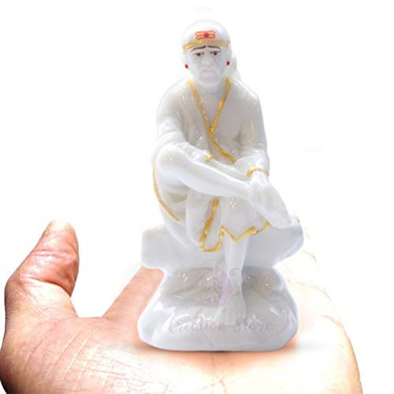 CREATION STORE 가정용 Pooja 및 자동차 대시보드용 Sai Baba 동상 대리석 먼지 Murti | 사이바바 아이돌 핸드메이드 마무리 Sit on Stone (화이트, 3.5)