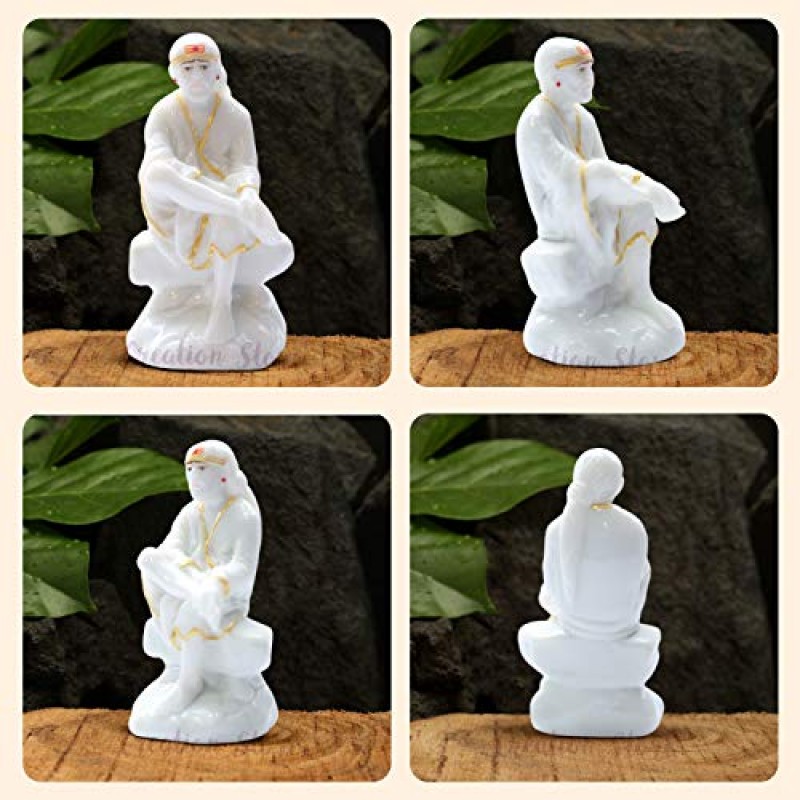 CREATION STORE 가정용 Pooja 및 자동차 대시보드용 Sai Baba 동상 대리석 먼지 Murti | 사이바바 아이돌 핸드메이드 마무리 Sit on Stone (화이트, 3.5)