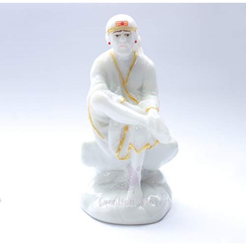 CREATION STORE 가정용 Pooja 및 자동차 대시보드용 Sai Baba 동상 대리석 먼지 Murti | 사이바바 아이돌 핸드메이드 마무리 Sit on Stone (화이트, 3.5)