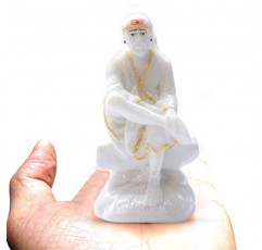 CREATION STORE 가정용 Pooja 및 자동차 대시보드용 Sai Baba 동상 대리석 먼지 Murti | 사이바바 아이돌 핸드메이드 마무리 Sit on Stone (화이트, 3.5)