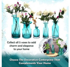 꽃용 유리 꽃병, 투명한 청록색, 높이 7.7인치 - 거실, 주방용 병 모양의 수제, 넓은 빈티지 파란색 꽃병 - 고급스럽고 우아한 청록색 홈 장식