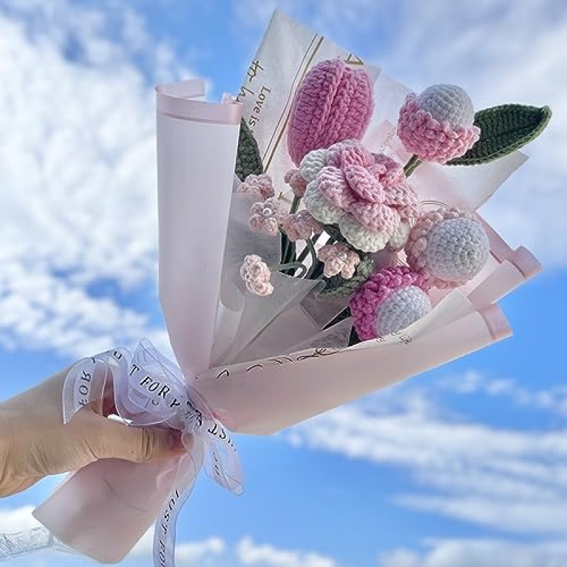 JOMODECOR 수제 크로셰 모란 열매 꽃다발, 절묘한 포장이 있는 니트 인공 영원히 꽃, 여자친구 엄마 여성에게 선물, 발렌타인 데이, 가정 장식, 축하에 딱 맞습니다(혼합 꽃)