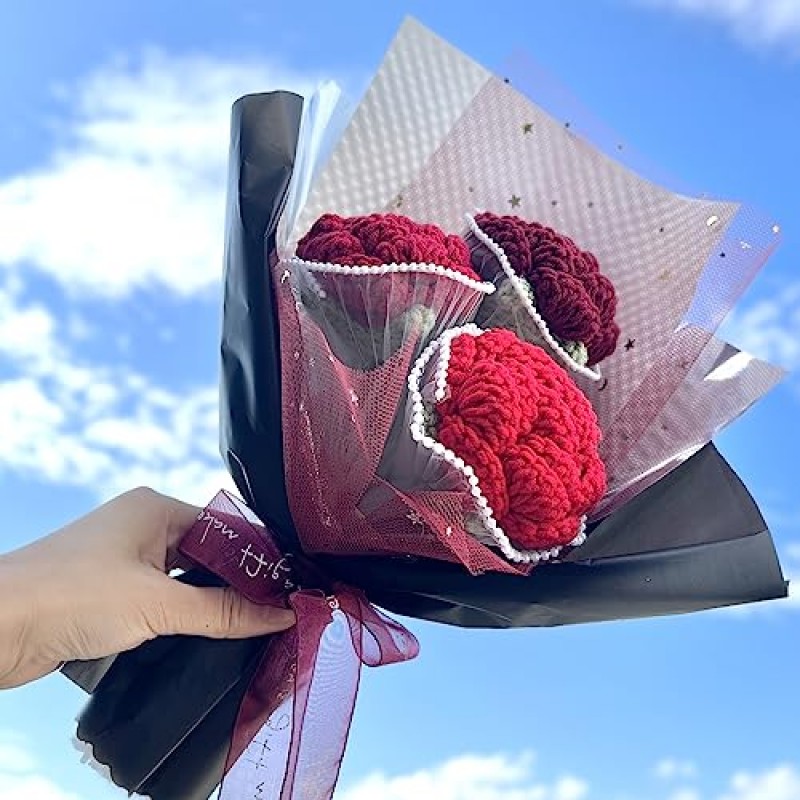 JOMODECOR Handmade Crochet Rose Bouquet, Knitted Artificial Forever Flowers with Exquisite Wrap, Gift to Girlfriend Mom Women, Perfect for Valentines, Home Decor, Celebration