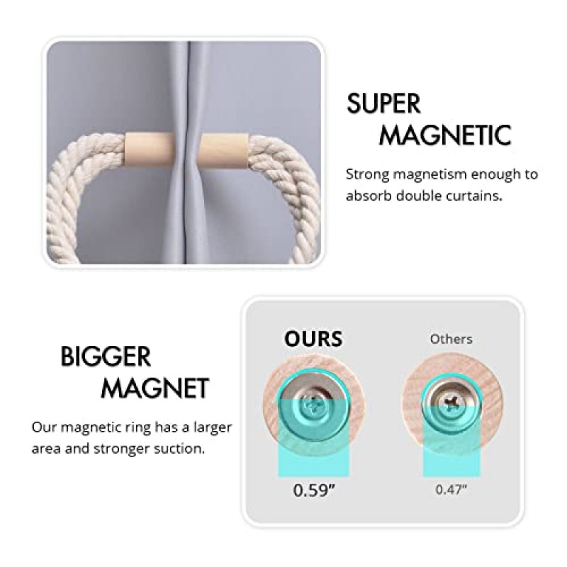 NICEEC 4 팩 나무 자석 커튼 타이백 보호 ​​장식 드레이프 타이백 천연 면 수제 더블 로프 커튼 홀드백 얇은 또는 두꺼운 가정 및 사무실 창 커튼(뉴 베이지)