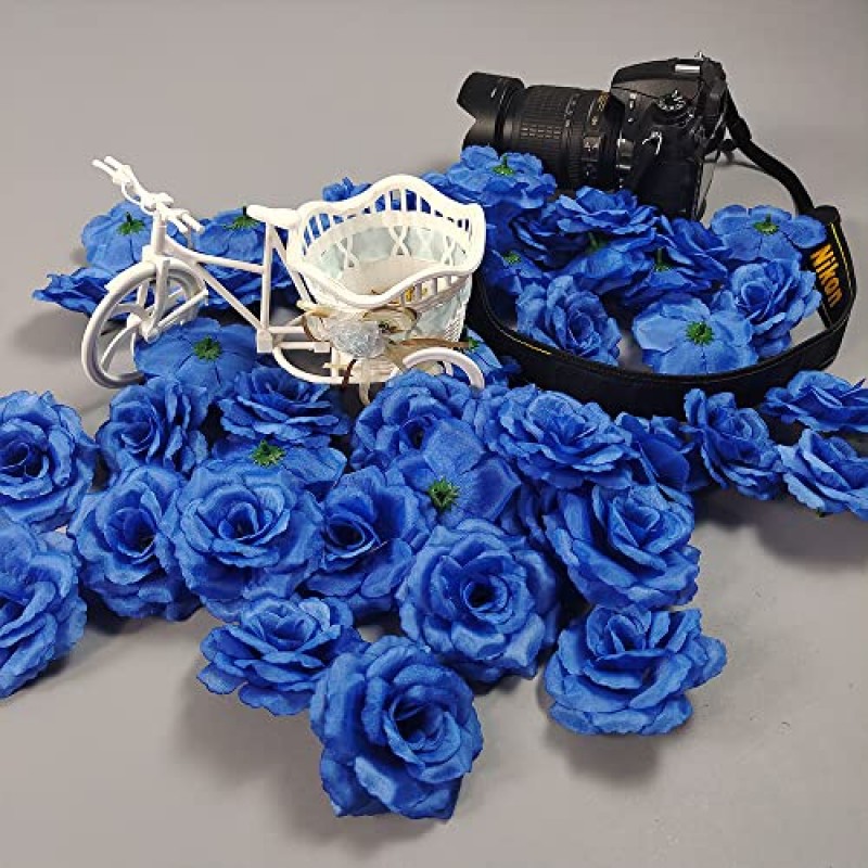 줄기가있는 영원 꽃 장미 머리 꽃, 결혼식 장식에 사용되는 50 개의 파란색 인공 꽃 DIY 수제 꽃 실크 가짜 장미 3 인치 및 6 인치 줄기
