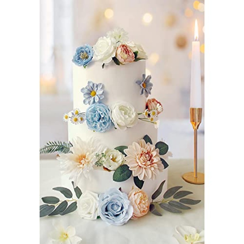 인공 가짜 꽃 DIY 부케 중앙 장식품 결혼식을위한 실제 찾고 가짜 꽃 잎과 줄기가있는 꽃 수제 꽃꽂이 신부 베이비 샤워 파티 테이블 홈 장식