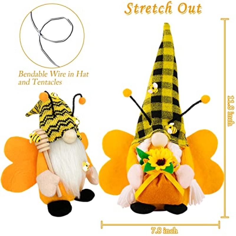 ZTML MS Bumble Bee Gnomes 플러시, 해바라기와 날개가있는 2pcs 수제 꿀벌 스칸디나비아 Tomte Elf 장식품-가정 및 테이블 선반 계층 트레이 장식 및 해바라기를위한 여름 장식