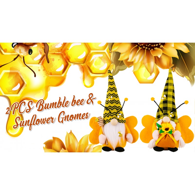 ZTML MS Bumble Bee Gnomes 플러시, 해바라기와 날개가있는 2pcs 수제 꿀벌 스칸디나비아 Tomte Elf 장식품-가정 및 테이블 선반 계층 트레이 장식 및 해바라기를위한 여름 장식