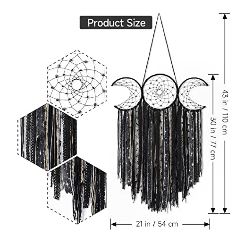 Dremisland 블랙 트리플 문 여신 Macrame 벽 교수형 대형 드림 캐처 Boho Wiccan 달 단계 수제 보헤미안 히피 짠 이교도 벽 장식 침실 기숙사 보육 장식 선물
