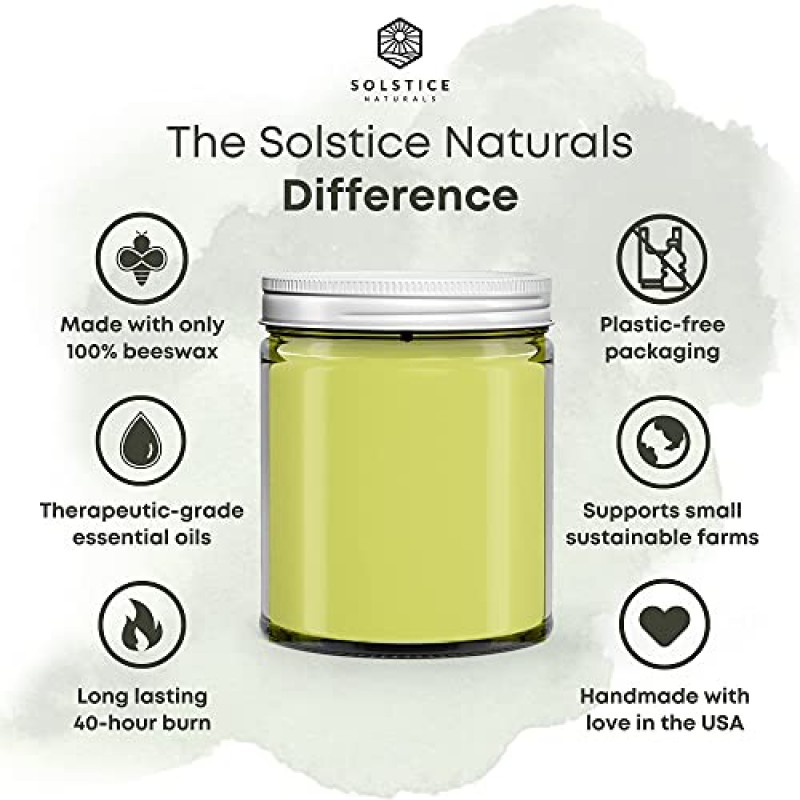 Solstice Naturals - 라벤더 100% 순수 밀랍 + 에센셜 오일 아로마테라피 캔들, 9 oz. - 미국에서 지속 가능한 수작업으로 제작 - 대두 또는 파라핀 왁스 없음 - 독성 향, 향료 또는 필러 없음