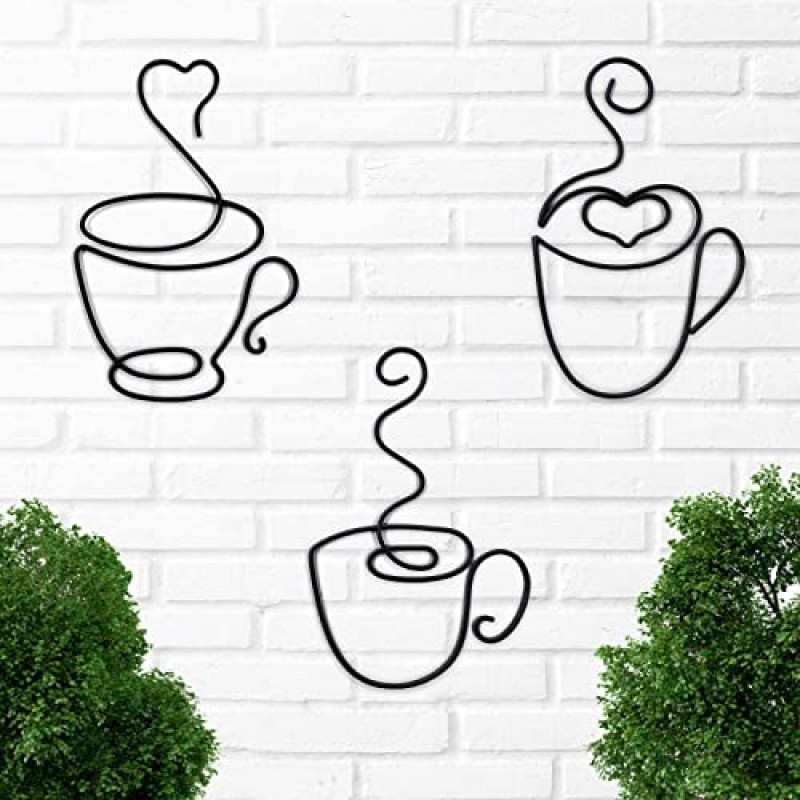 Qmetalart 커피 금속 벽 예술 3pcs 와이어 커피 로그인 주방 거실 커피 숍 라운지 식사 사무실 홈 봄 장식에 대한 수제 선물 벽 장식