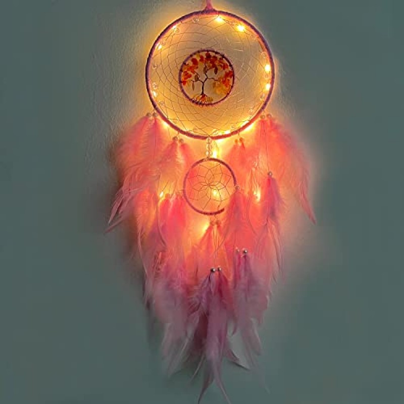 빛이 있는 LED 드림 캐처, 수제 크리스탈 라이프 트리 드림캐쳐 걸스 침실 벽걸이 홈 장식 선물(핑크색)
