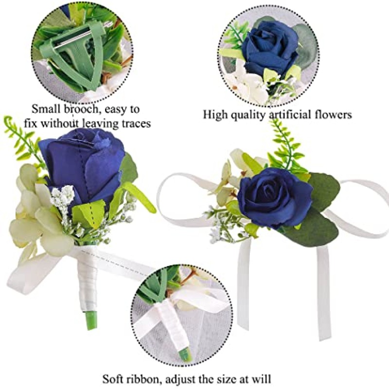 Campsis 2Pcs 웨딩 코사지 Boutonniere 세트 블루 인공 신부 꽃 장미 팔찌 팔찌와 남자 단추 구멍 세트 수제 꽃 액세서리 장식 신부 신랑 신랑 들러리 파티 저녁 파티