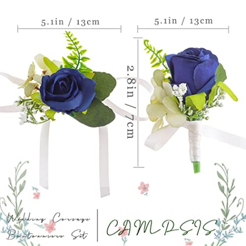 Campsis 2Pcs 웨딩 코사지 Boutonniere 세트 블루 인공 신부 꽃 장미 팔찌 팔찌와 남자 단추 구멍 세트 수제 꽃 액세서리 장식 신부 신랑 신랑 들러리 파티 저녁 파티