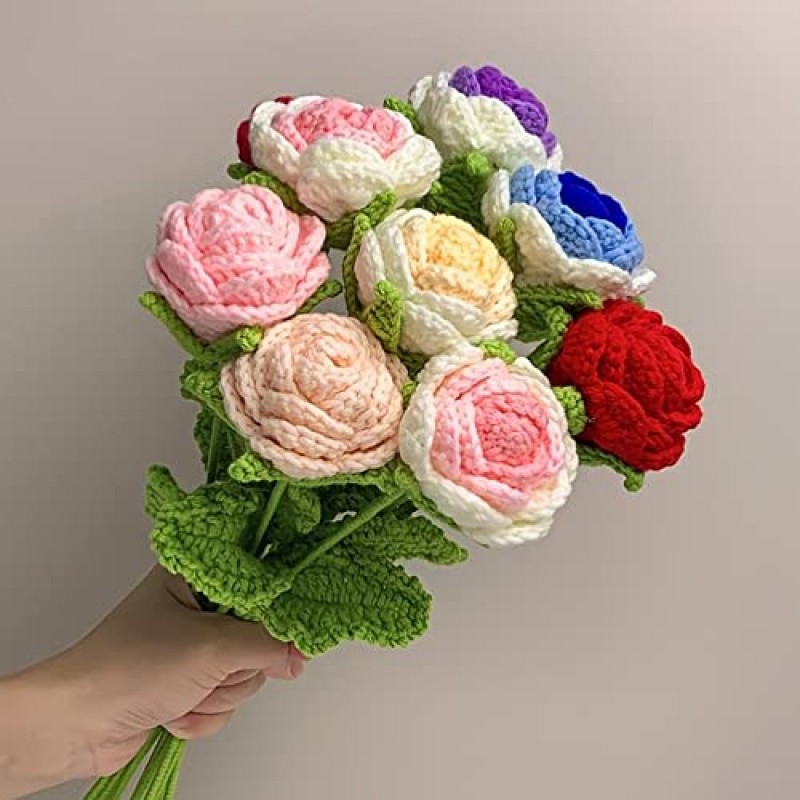 로맨틱 발렌타인, 웨딩 홈 장식을위한 수제 싱글 뜨개질 장미 꽃 짠 크로 셰 뜨개질 장미 꽃다발