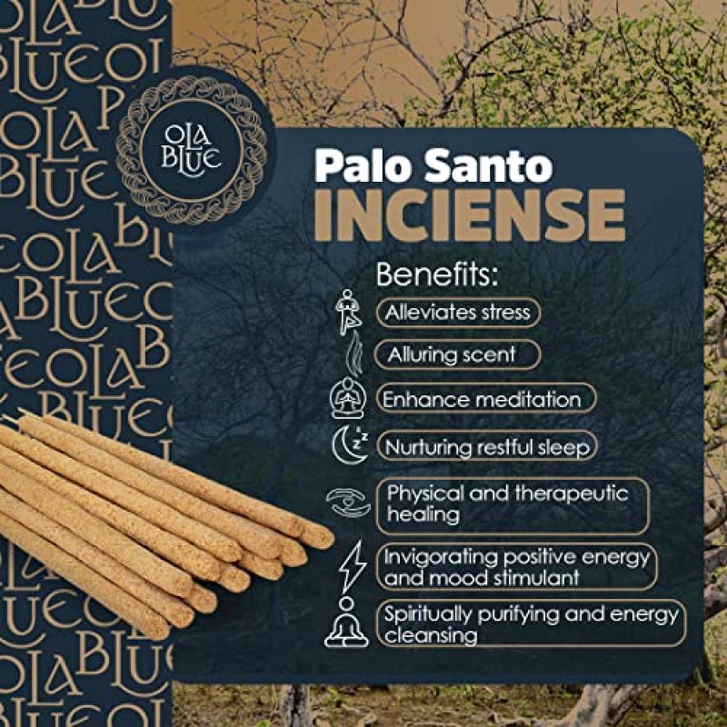 페루산 Ola Blue Palo Santo 인센스 스틱(12팩) 프리미엄 정통 - 수제 및 손으로 압연 천연 나무 - 나쁜 에너지 클렌징 및 스트레스 완화 신성한 나무(Bursera Graveolens Wood)