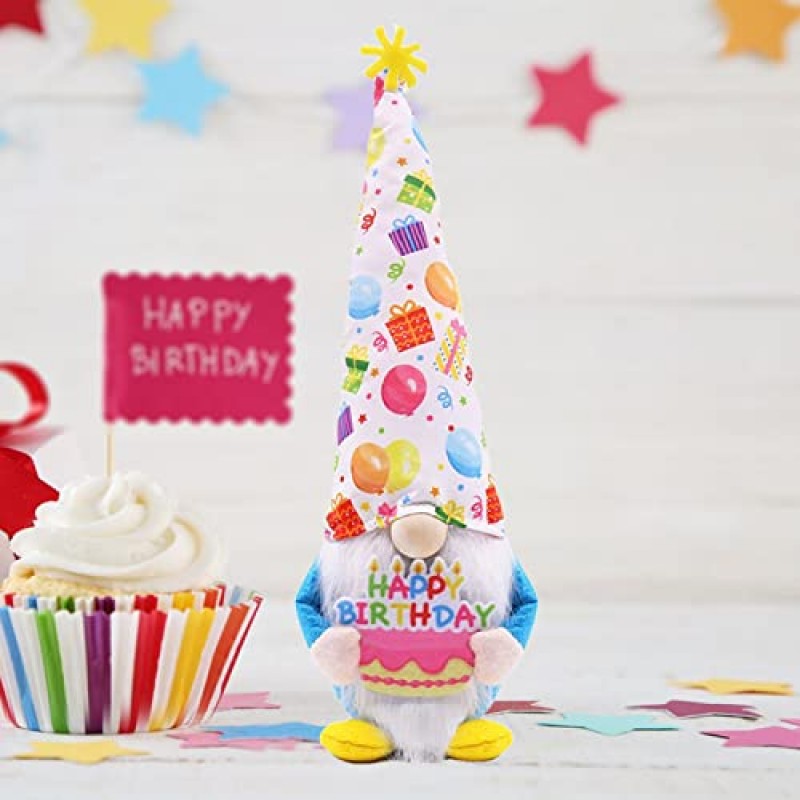 생일 격언 생일 축하 장식 Tomte 플러시 생일 선물, 다채로운 풍선이 달린 수제 파티 모자, 파티 계층 트레이 장식을 위한 귀여운 생일 격언, 어린이와 여성을 위한 생일 선물