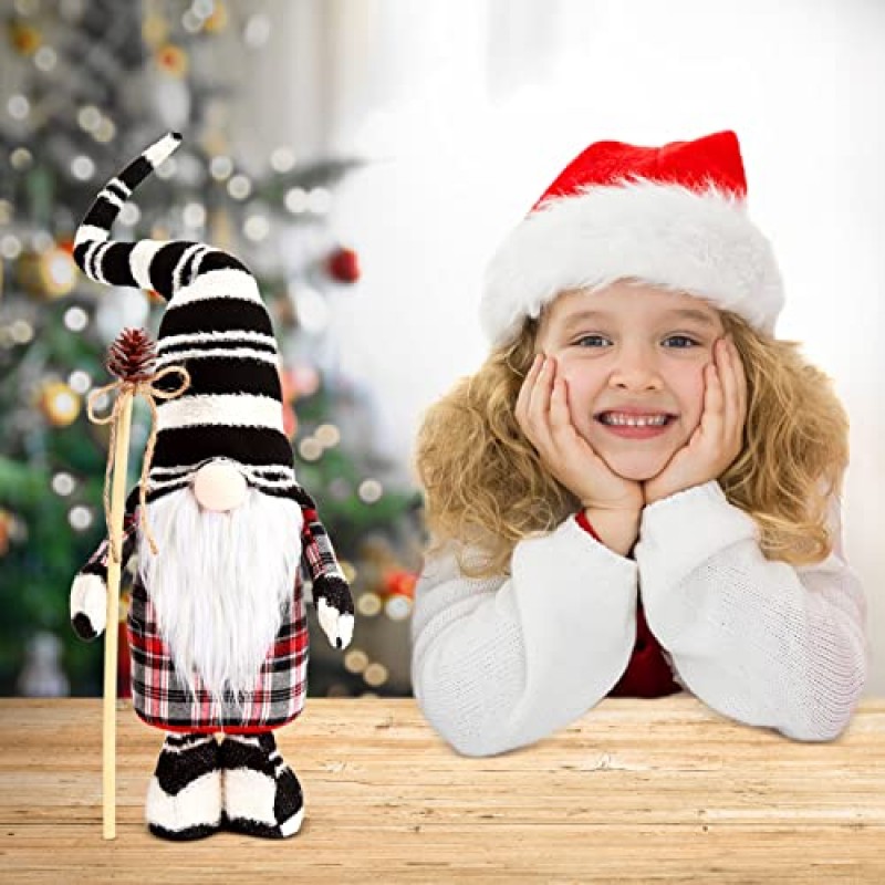 Adeeing 버팔로 격자 무늬 크리스마스 격언 장식, 18In 수제 스웨덴어 Tomte 그놈 플러시 지팡이 크로 셰 뜨개질 모자 스칸디나비아 입상 엘프 인형 홈 어린이 선물 휴일 크리스마스 장식