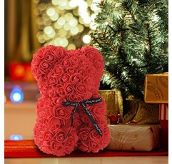 장미 곰 장미 테디 베어 순수한 수제 인공 장미 꽃 곰 10 인치 선물 상자 선물 여성용 발렌타인 데이, 기념일, 어머니 날, 결혼식 (빨간색)