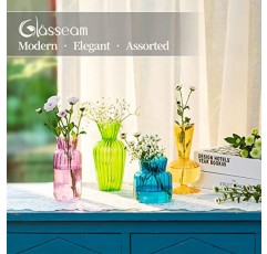 현대 컬러 유리 새싹 꽃병 대량 세트: Glasseam 8Pcs 작은 미니 꽃 중앙 장식품 꽃병 수제 장식 귀여운 짧은 창 코너 결혼식 피로연 식탁 싱글 로즈를위한 홈 장식