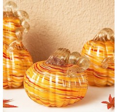 Glitzhome 3Pcs 수제 테이블 탑 유리 호박, 가을 할로윈 추수 감사절 장식, 오렌지에 대한 소장 조각 유리 호박