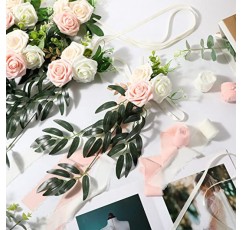 Hoteam 16 Pcs 결혼식 통로 장식 결혼식을위한 퓨 인공 꽃 교회 의자를위한 장미 결혼식을위한 유칼립투스 잎과 리본으로 꽃 파티 장식 (핑크, 베이지)