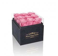 Perfectione Roses 상자에 담긴 보존된 장미, 핑크색 진짜 장미 오래 지속되는 장미 기념일 어머니날 크리스마스를 위한 발렌타인 데이 선물(검은색 중간 정사각형 상자)