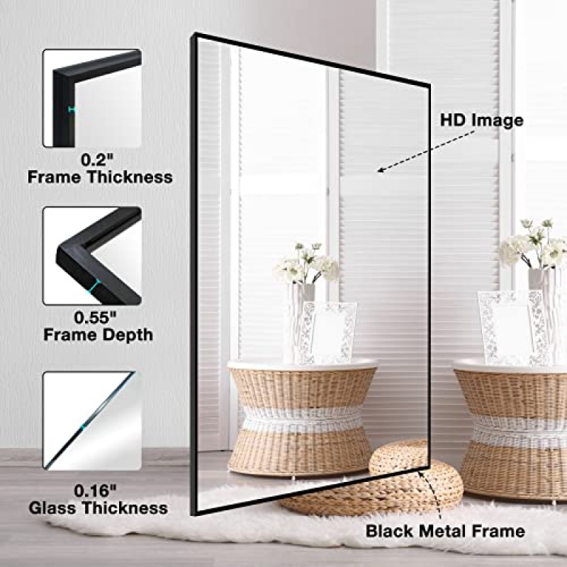 SILD 40 X 30 인치 직사각형 벽 거울, 검은 색 알루미늄 프레임 거울, 욕실 용 대형 장식 직사각형 거울, 벽걸이 형 수평 또는 수직, 정사각형 코너