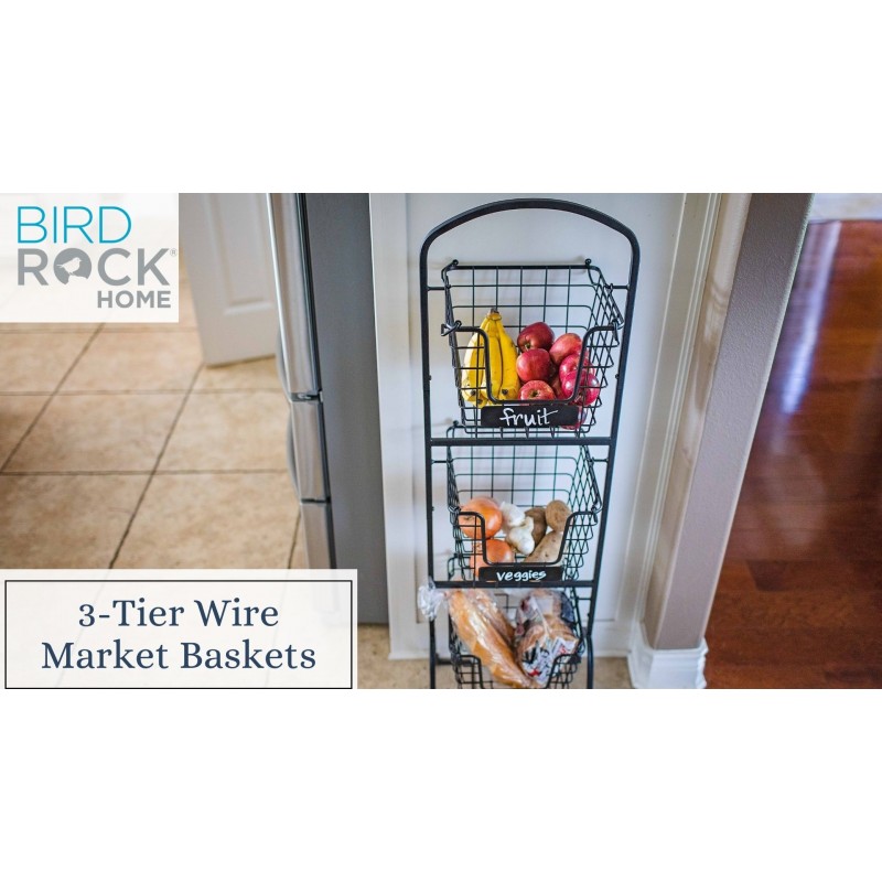 BIRDROCK HOME 3단 와이어 마켓 바구니 스탠드(분필 라벨 포함) - 스낵 과일 야채 생산 주방 식료품 저장실용 금속 걸이형 보관함 - 독립형 또는 스태킹 정리함 - 검정색