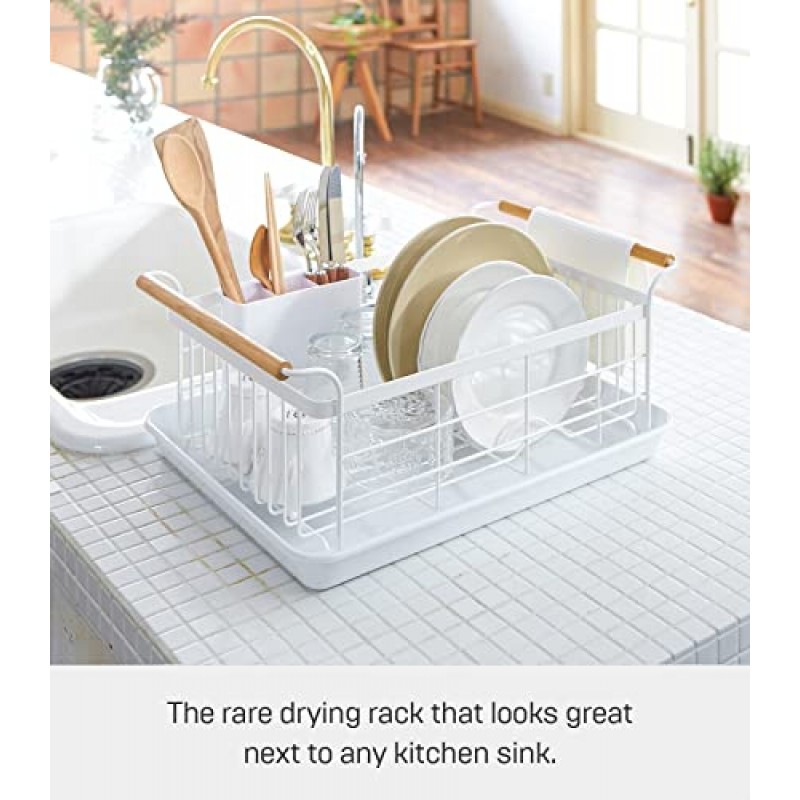 Yamazaki 홈 싱크대 탈착식 배수 트레이, 주방 건조용 정리함 홀더, 단일 사이즈, 흰색 강철 + 목재 | 접시걸이